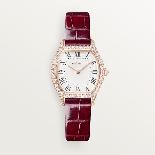Cartier Tortue WJTO0012 - Small model 18K rose gold, White Dial, Shiny red alligator leather strap