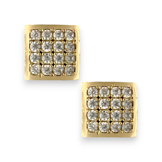 Yellow Gold CZ Round Cut Mico-Pave Square Stud Earrings - 10k Yellow Gold