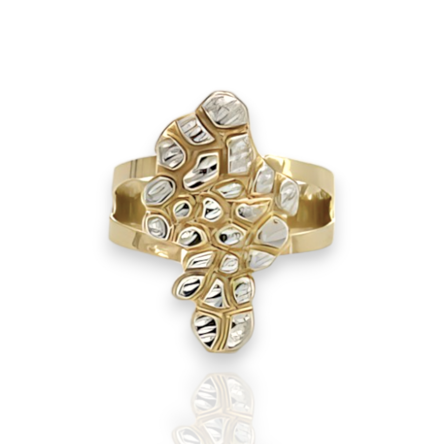 Large Textured Two-Tone Nugget Square Ring - 10K Yellow Pave