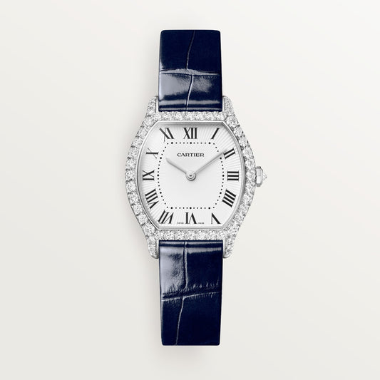 Cartier Tortue WJTO0014 - Small model Rhodiumized 18K white gold, White Dial, Shiny navy blue alligator leather strap