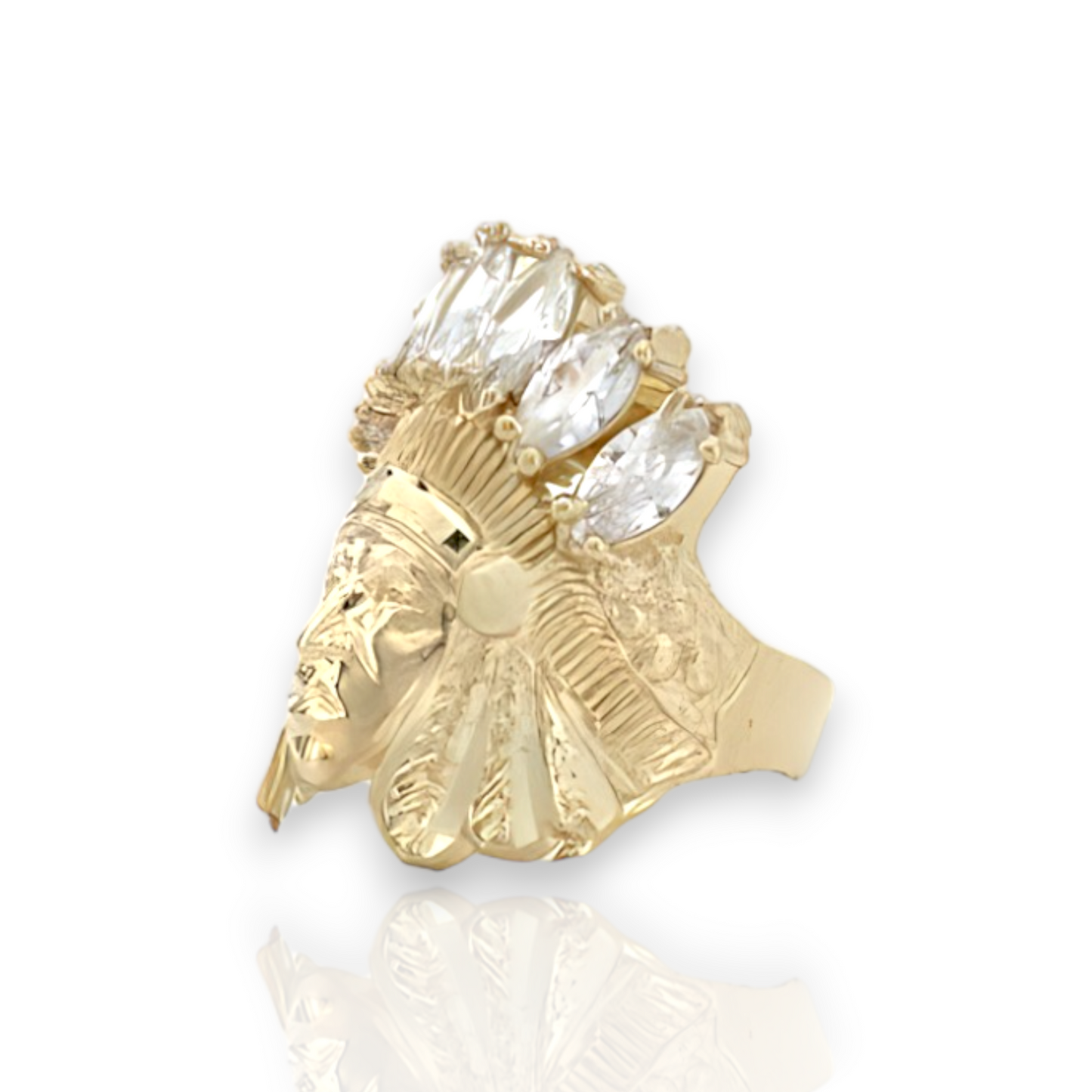 Large Indian Chief Clear CZ - 10K Yellow Gold - Solid