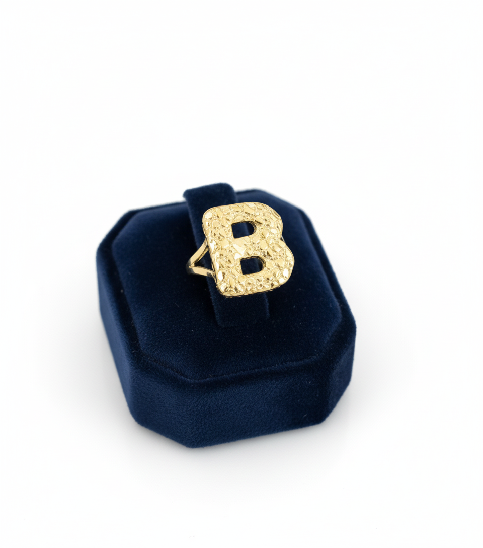 10K Solid Yellow Gold Nugget Bubble Initial Ring – Custom Letter Ring for Men & Women - ALL LETTERS