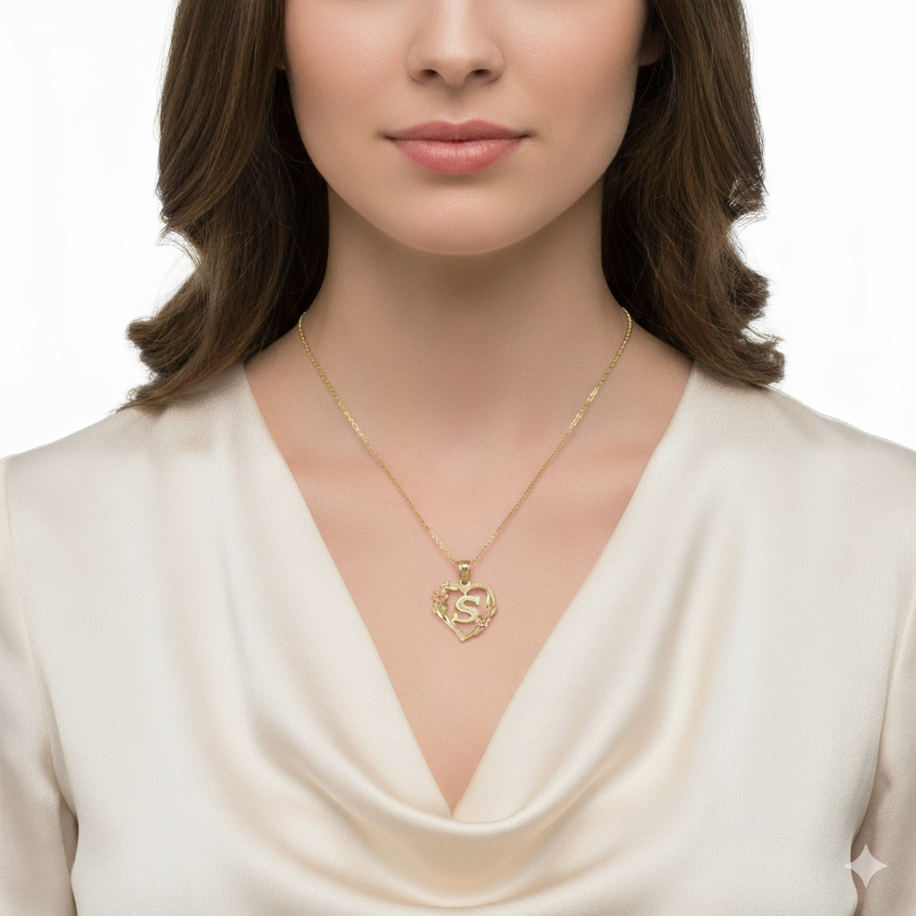 Heart Initial With Flowers Pendant - 10K Yellow Gold