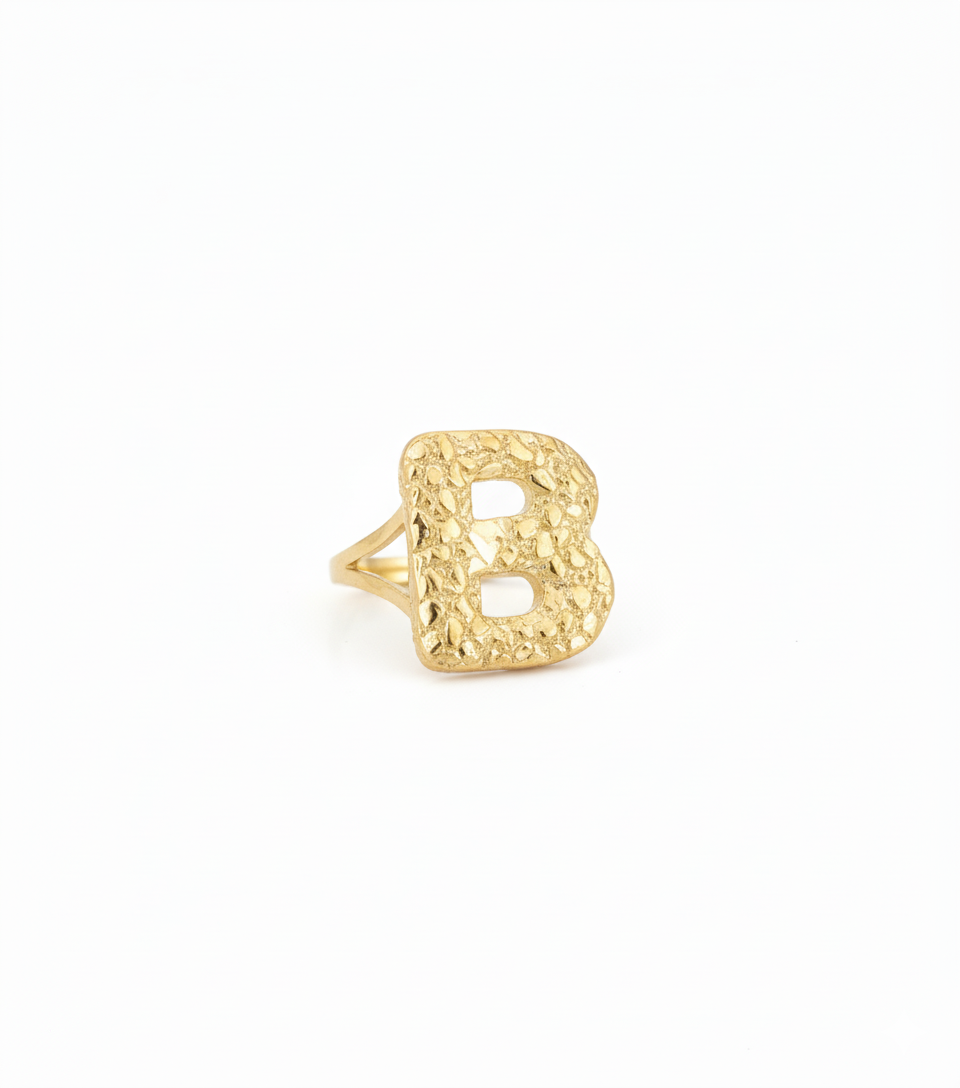 10K Solid Yellow Gold Nugget Bubble Initial Ring – Custom Letter Ring for Men & Women - ALL LETTERS