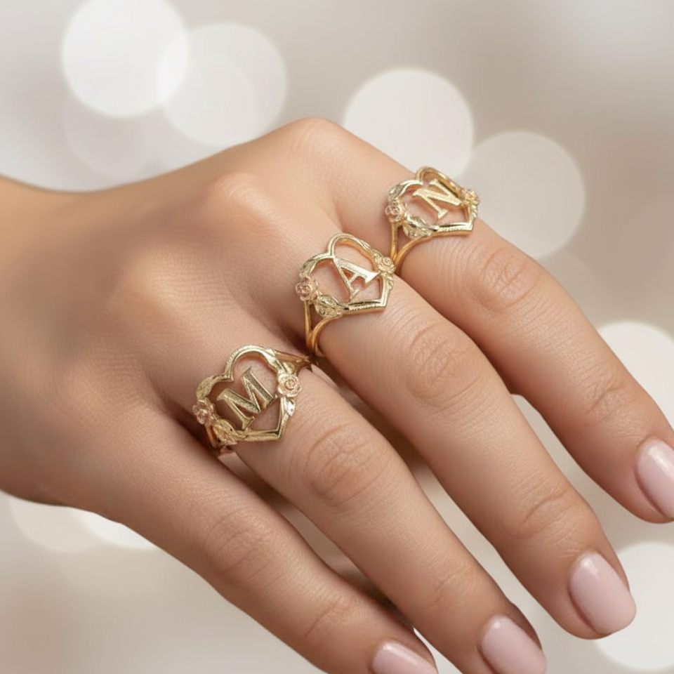 10k Solid Gold Heart with Rose Initial Ring, Personalized Alphabet Letter Ring, Love Valentine Gift Jewelry for Women & Girls