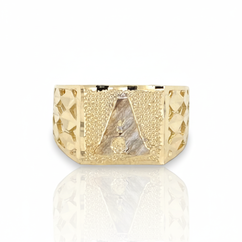 Square Nugget Initial Ring - 10K Yellow Gold