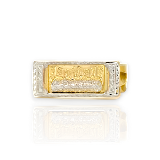 Anillo rectangular de dos tonos con talla de diamante de la Última Cena - Oro amarillo de 10 quilates