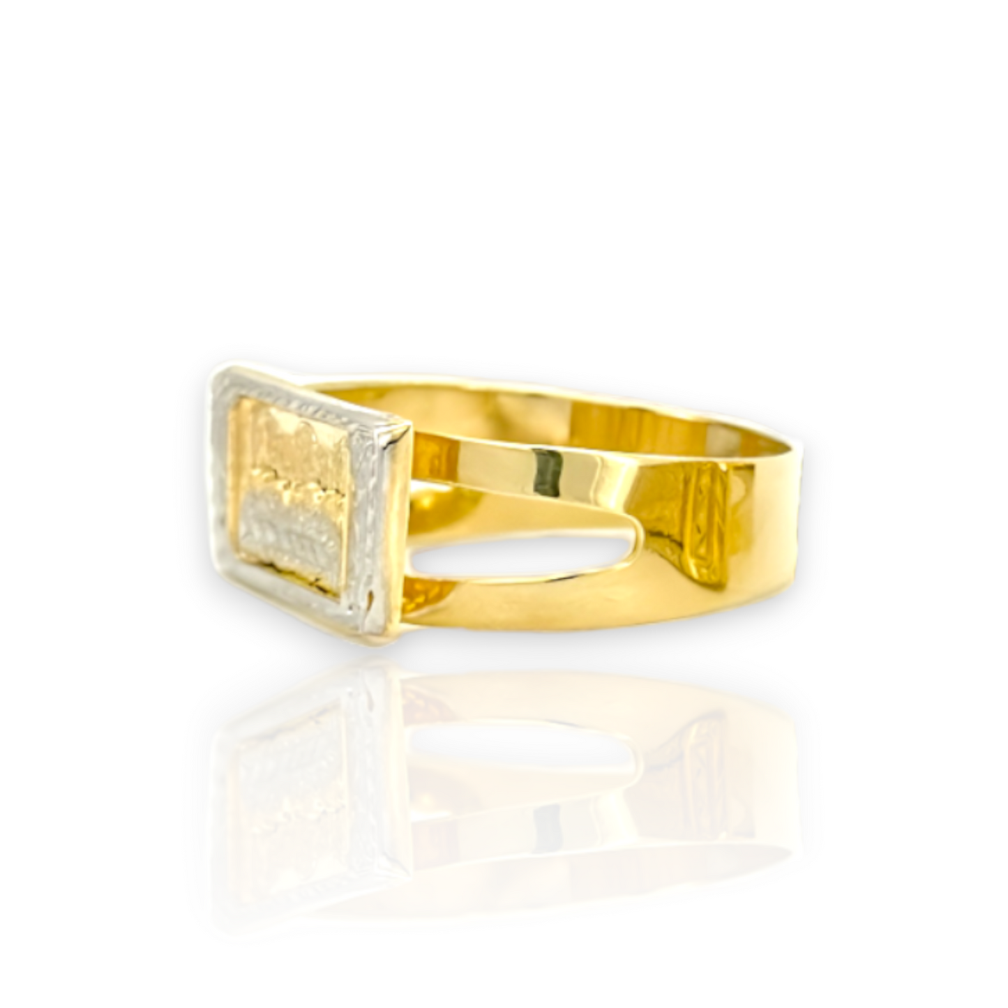 Anillo rectangular de dos tonos con talla de diamante de la Última Cena - Oro amarillo de 10 quilates