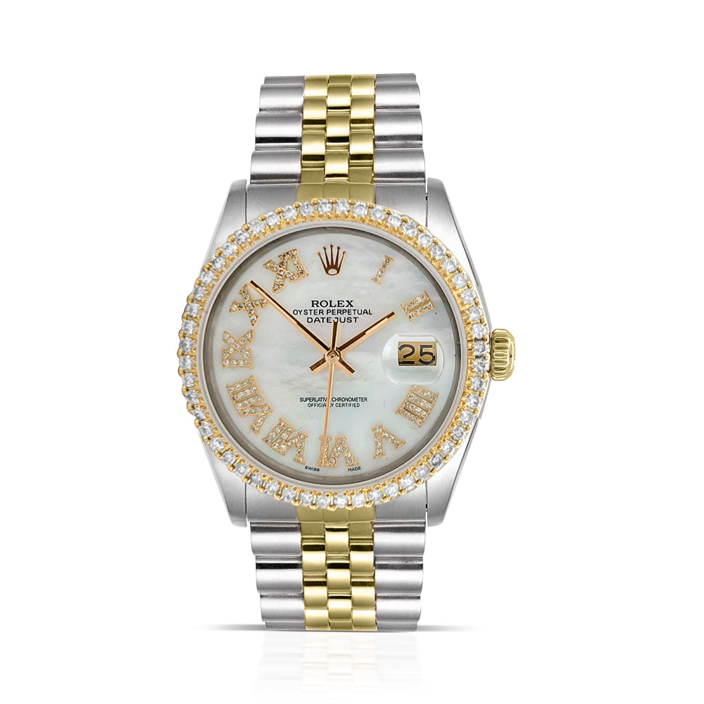 Rolex Datejust Diamond Bezel Watch 36mm Mother Of Pearl Roman Diamond Dial | 1.75ct