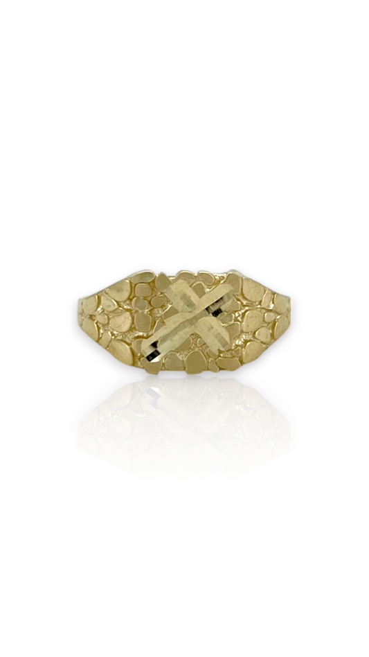 10K Yellow Gold Nugget Ring with Diamond-Cut Slanted Cross - Religious Ring