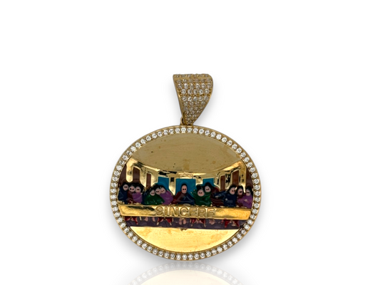 10K Yellow Gold Apostles Last Supper Charm/Pendant, Authentic, Textured Jesus Cross with Disciples Faith, Diamond Cut - Multicolor