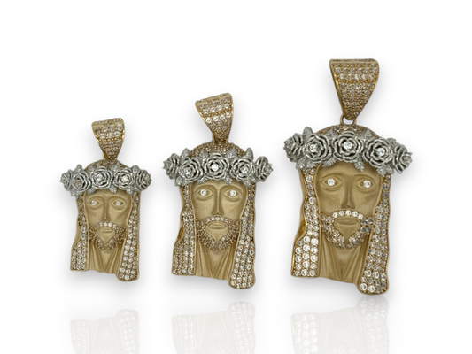 10K Two-Tone Jesus Head Pendant with CZ | Three Sizes | Real Gold Religious Charm