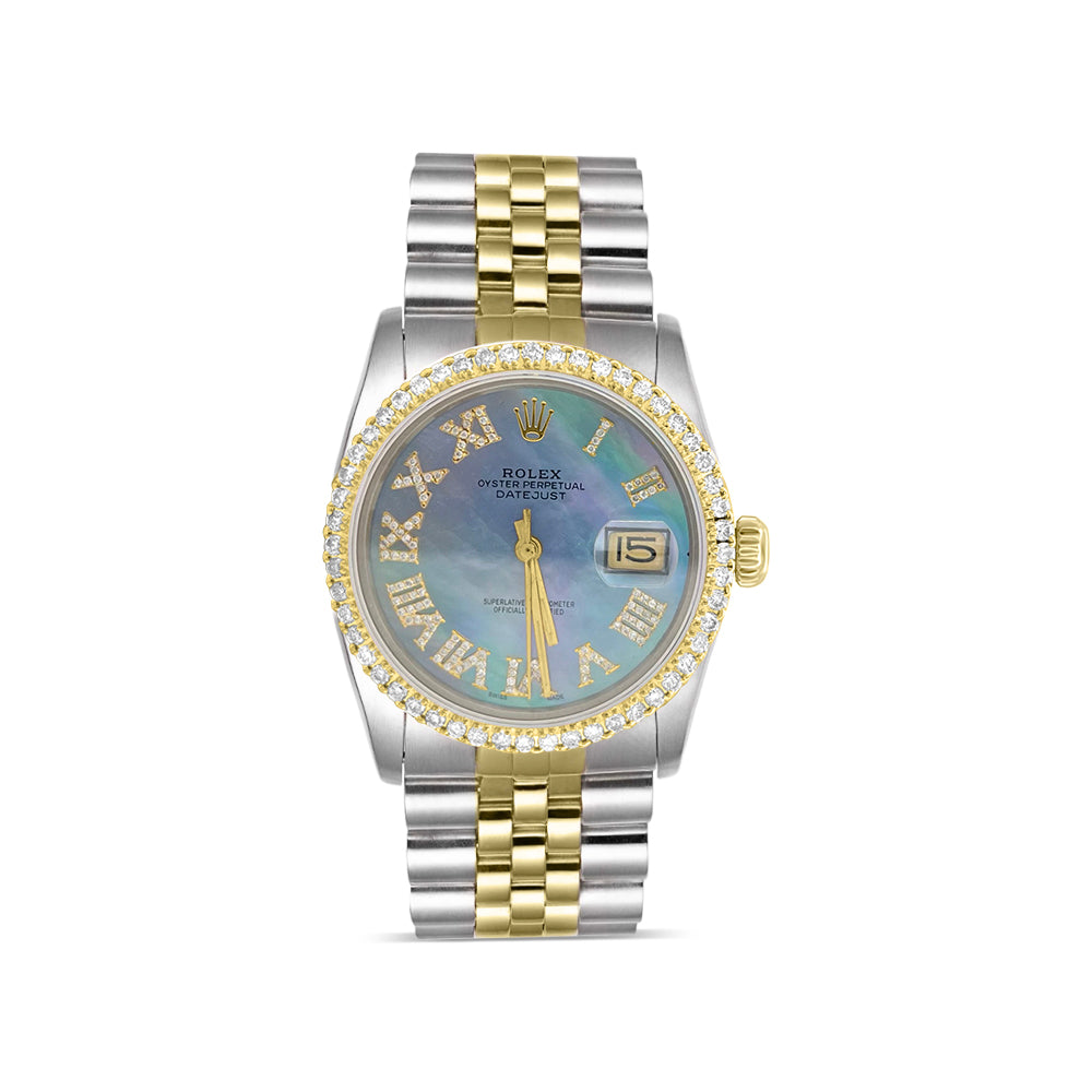 Rolex Datejust Diamond Bezel Watch 36mm Blue Mother Of Pearl Roman Diamond Dial | 1.75ct