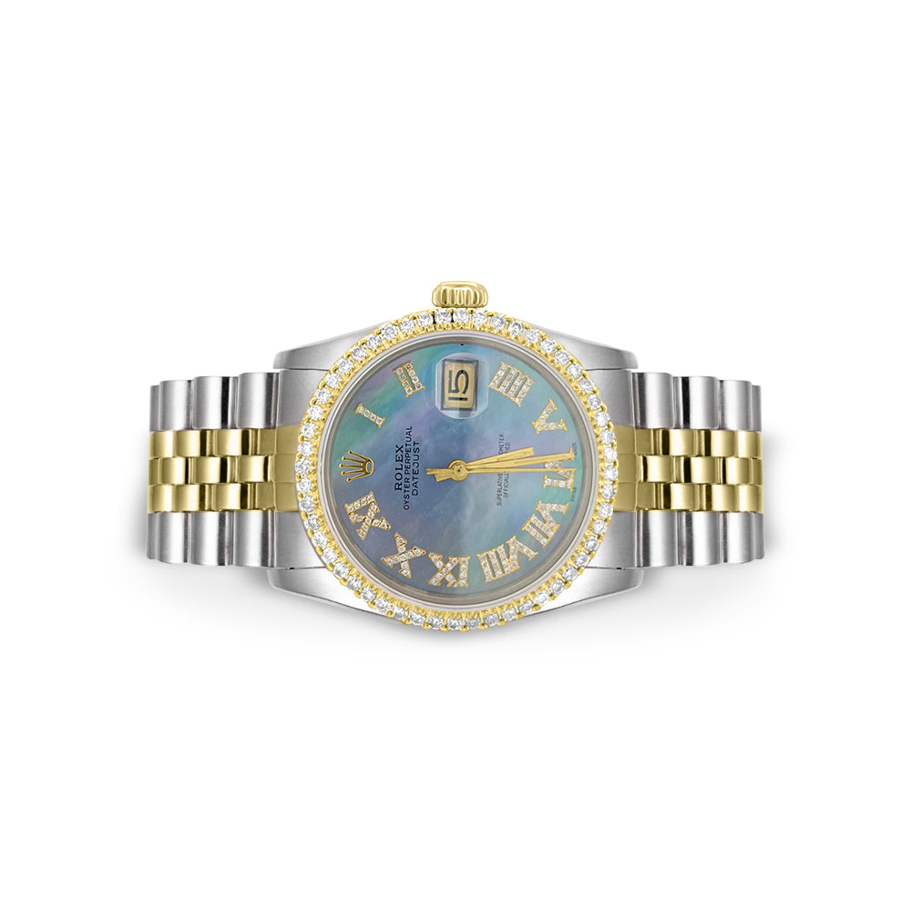 Rolex Datejust Diamond Bezel Watch 36mm Blue Mother Of Pearl Roman Diamond Dial | 1.75ct