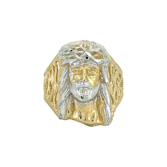 Anillo de dos tonos con cabeza de Jesús - Oro amarillo de 10 quilates