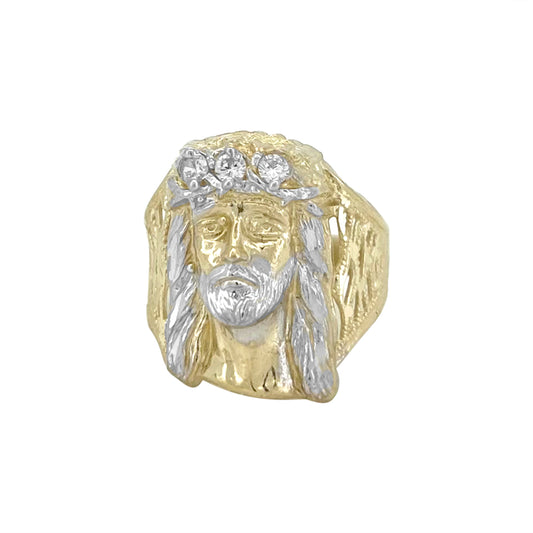 Jesus Head Two Tone Cz Ring - 10K Yellow Gold