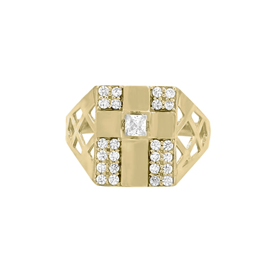 Cross CZ Ring - 10K Yellow Gold