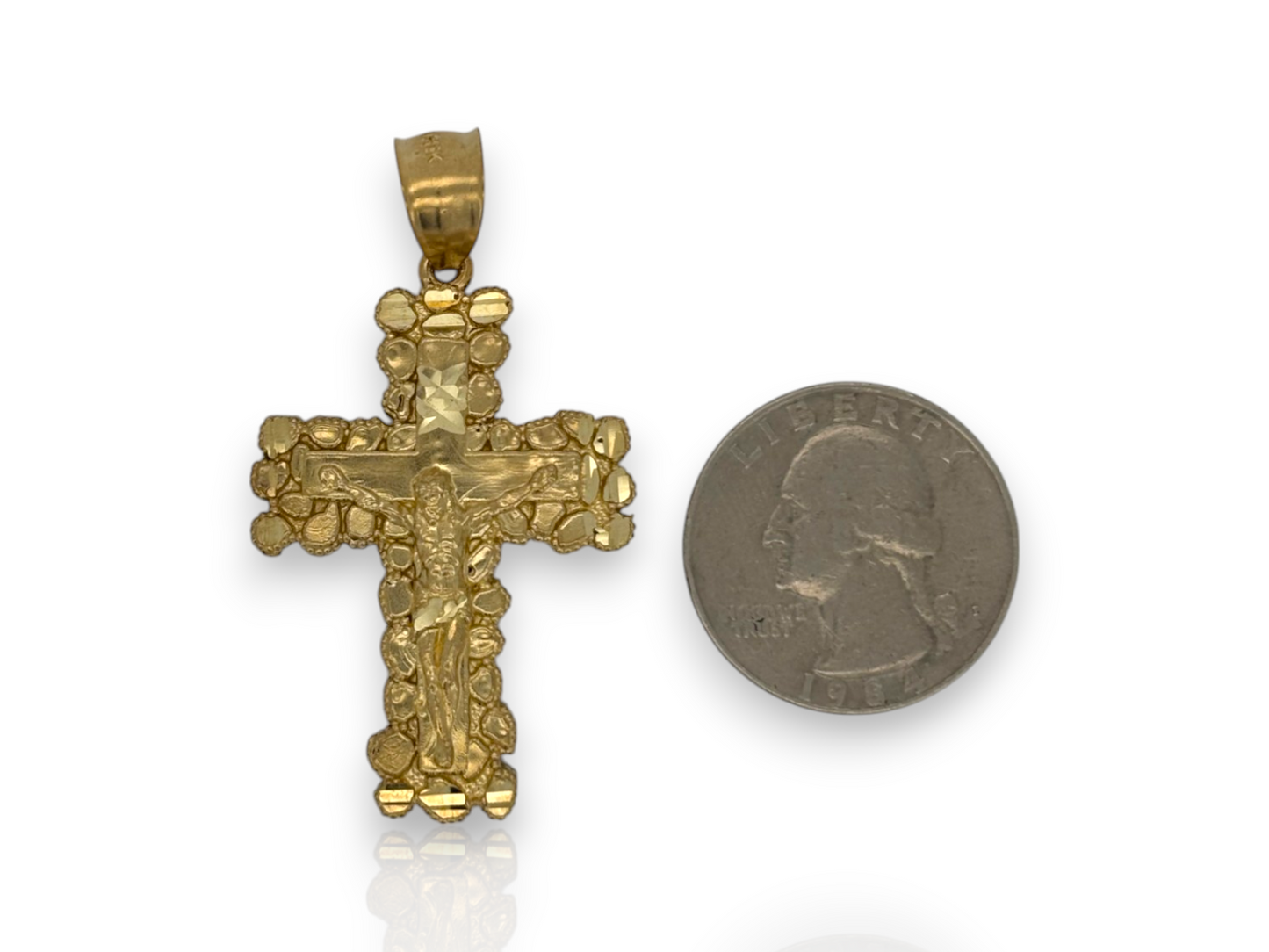 10k Yellow Nugget Gold Cross Pendant with Jesus Crucifix – Religious Christian Charm for Men or Women, Solid Gold Faith Jewelry