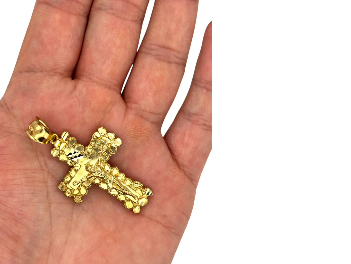 10k Yellow Nugget Gold Cross Pendant with Jesus Crucifix – Religious Christian Charm for Men or Women, Solid Gold Faith Jewelry