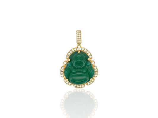 Genuine Jade Pendant Laughing Buddha With CZ - 14k Yellow Gold