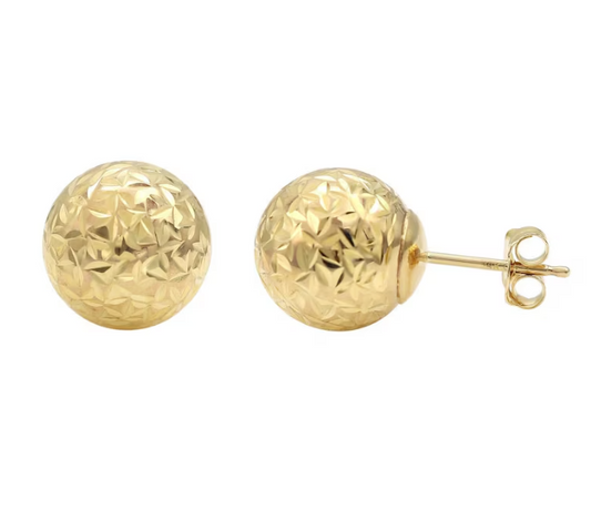 14K Solid Yellow Gold Earrings Crystal Cut Ball Studs Earrings With Push Back (Multi Sizes Available)