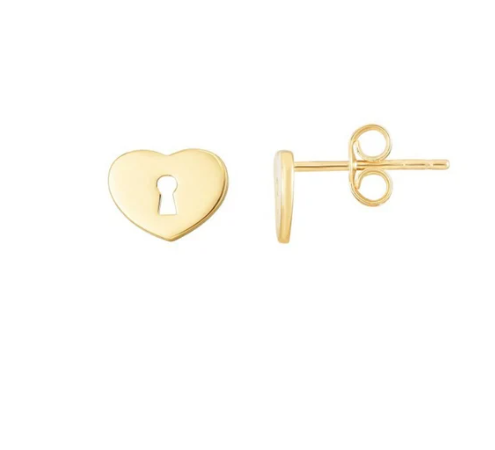 SOLID 14K Gold Heart Padlock Earrings, Thinner Push Back Studs Woman, Yellow Gold