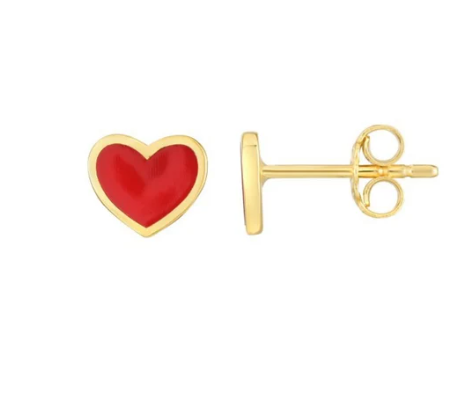 SOLID 14K Gold Heart Enamel Earrings, Thinner Push Back Studs Woman, Red and Pink