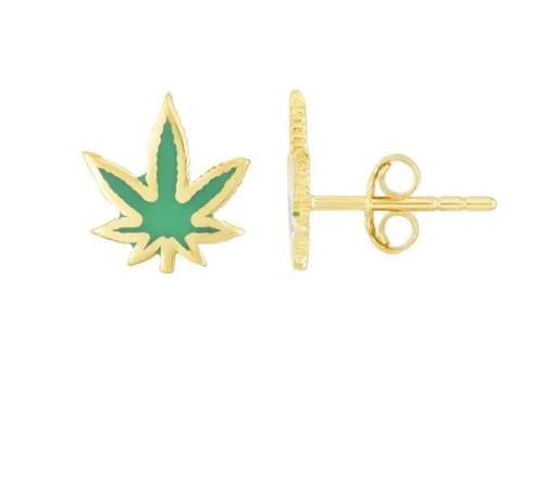 SOLID 14K Gold Hemp Leaf Enamel Earrings, Thinner Push Back Studs Woman, Yellow Gold