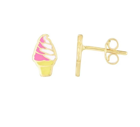 SOLID 14K Gold Ice Cream Cone Enamel Earrings, Thinner Push Back Studs Woman, Yellow Gold