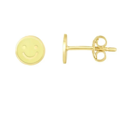 SOLID 14K Gold Smiley Face Enamel Earrings, Thinner Push Back Studs Woman, Yellow and Pink