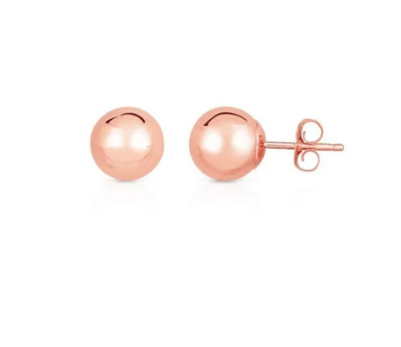 14K Rose Gold Polished 8mm Post Earring, Gold Ball Stud Earrings