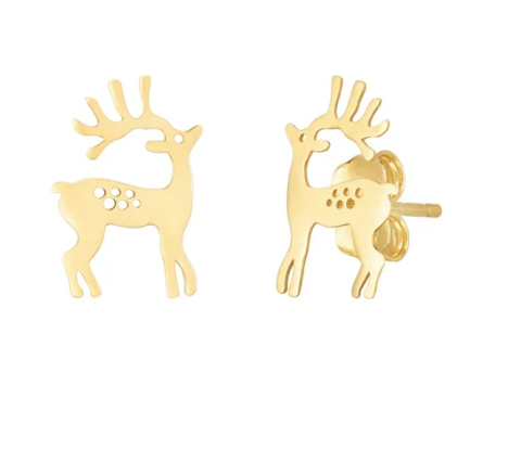 SOLID 14K Gold Reindeer Stud Earring, Thinner Push Back Studs Woman, Yellow Gold