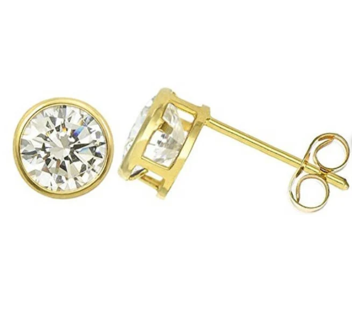 14K Solid Yellow Or White Gold Round Bezel Earrings Set With AAA CZ - Pushback Bezel Earrings Bezel Studs