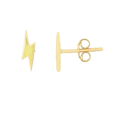 SOLID 14K Gold Lightning Bolt Enamel Earrings, Thinner Push Back Studs Woman, Black and Yellow