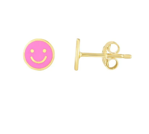 SOLID 14K Gold Smiley Face Enamel Earrings, Thinner Push Back Studs Woman, Yellow and Pink