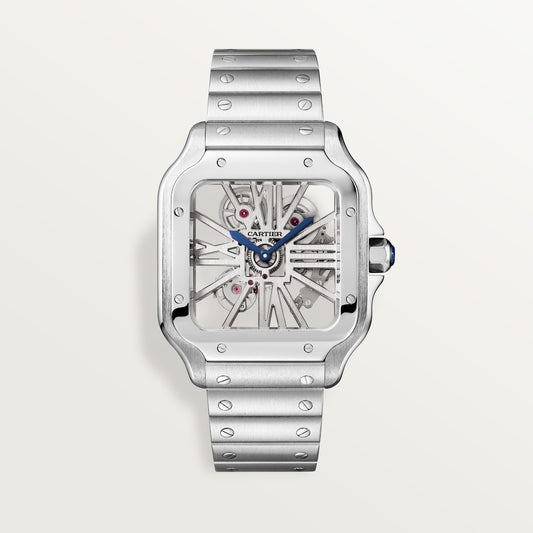 Cartier Santos de Cartier skeleton WHSA0015 - Large model Steel, Skeletonized bridges forming Roman numerals Dial, Steel bracelet