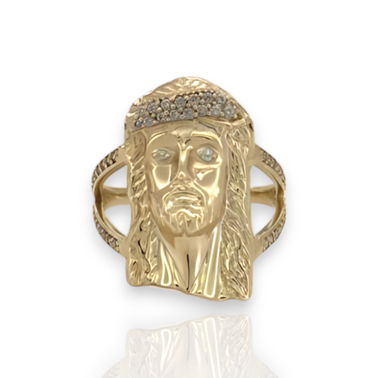 Medium Jesus Head CZ Ring  - 10K Yellow Gold
