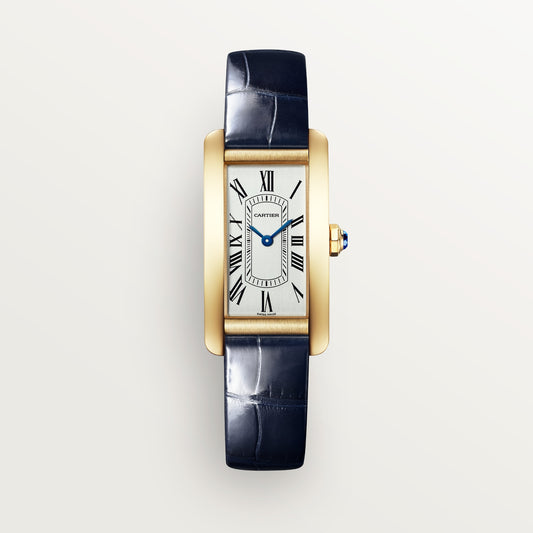 Cartier Tank Américaine WGTA0356 - Small model 18K yellow gold, Silvered satin-brushed Dial, Shiny navy blue alligator leather strap
