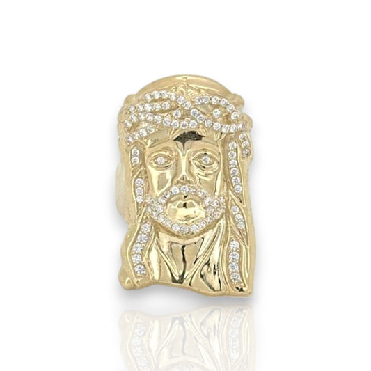 Cabeza de Jesús con anillo CZ - Oro amarillo de 10 quilates 