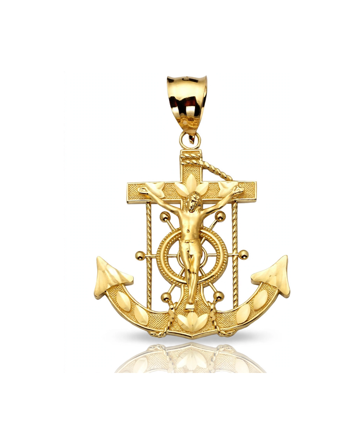 Anchor Crucifix Pendant with Ship Wheel - 10K Yellow Gold