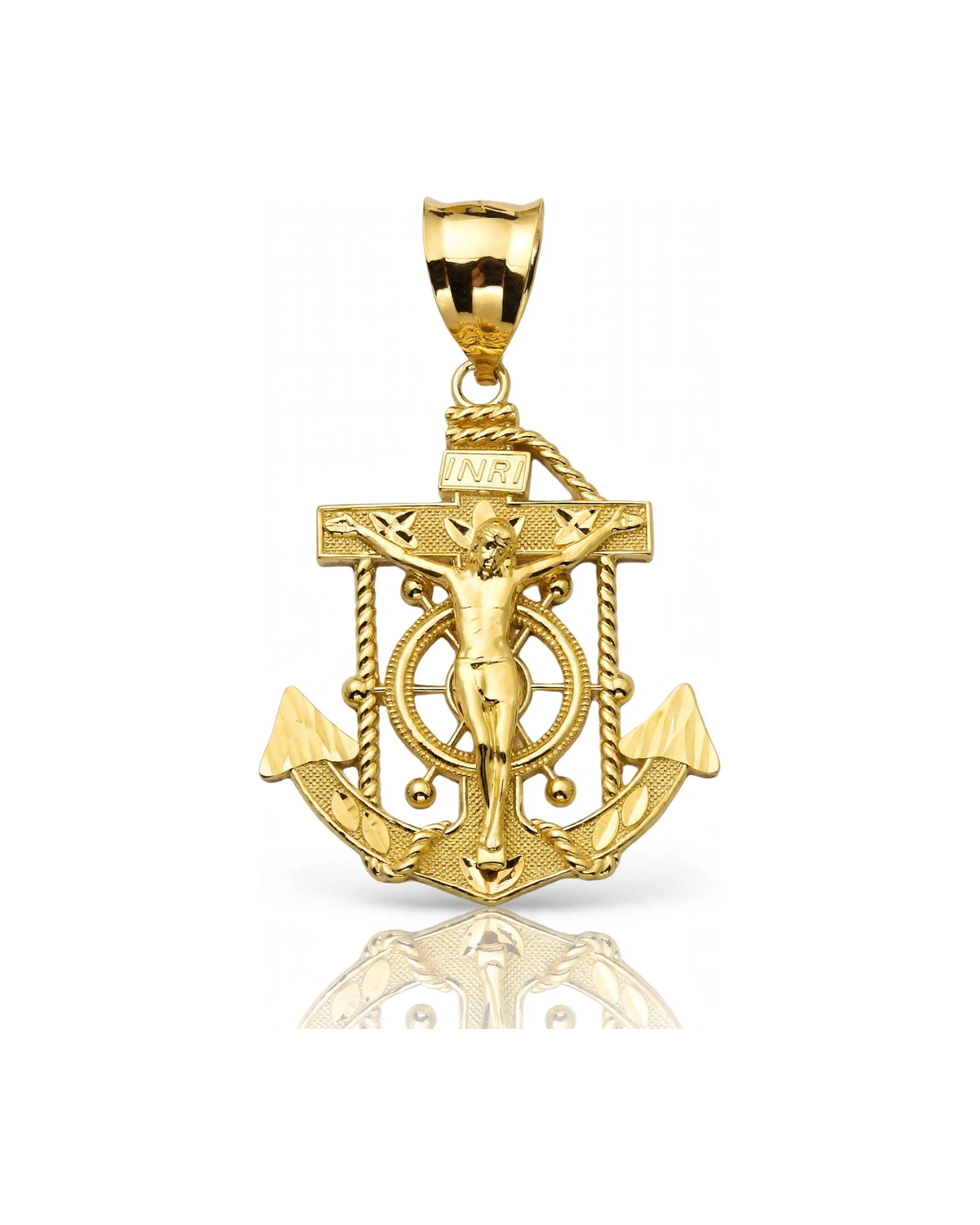 Anchor Crucifix Pendant with INRI Plaque - 10K Yellow Gold