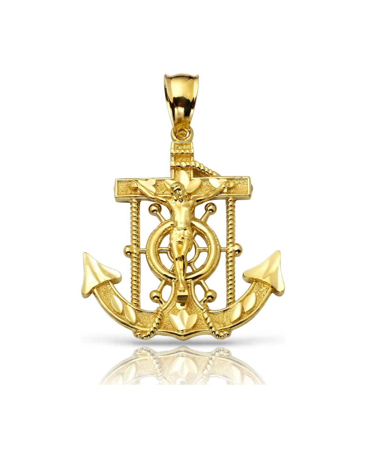 Anchor Crucifix Pendant Mini with Ship Wheel - 10K Yellow Gold