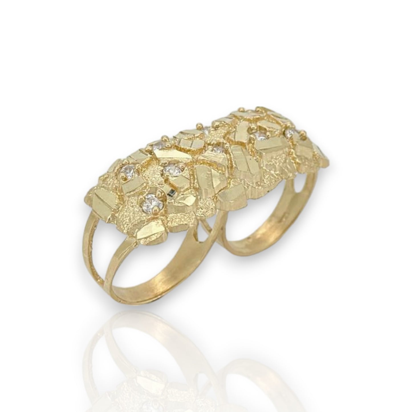 Nugget Cubic Zirconia Double Finger Ring - 10K Yellow Gold