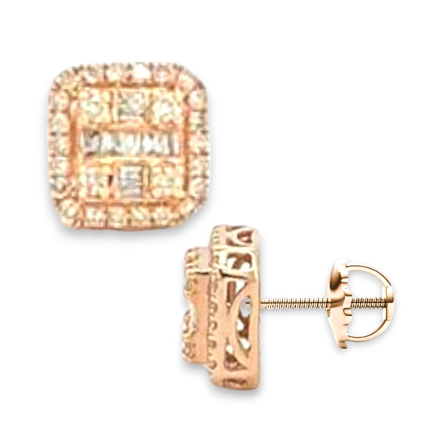 0.61ct Diamond Halo Cluster Square Stud Earrings - 14k Rose Gold