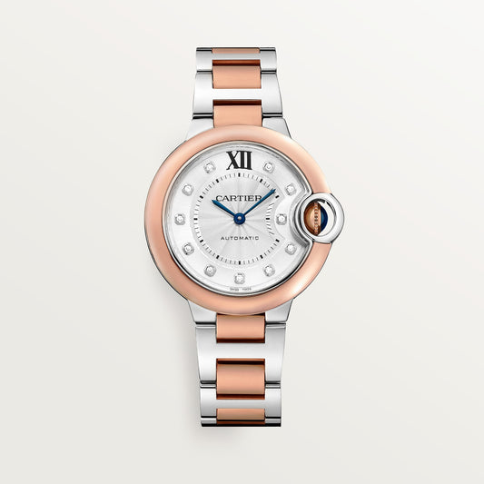 Cartier Ballon Bleu de Cartier W3BB0021 - 33 mm Steel and rose gold, Silvered guilloché with 11 diamonds (0.05 ct) Dial