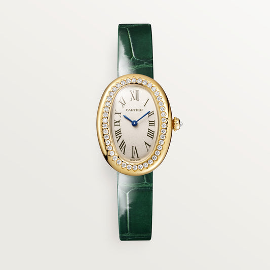 Cartier Baignoire WJBA0054 - Small model 18K yellow gold, Silvered Dial, Varnished green alligator leather strap
