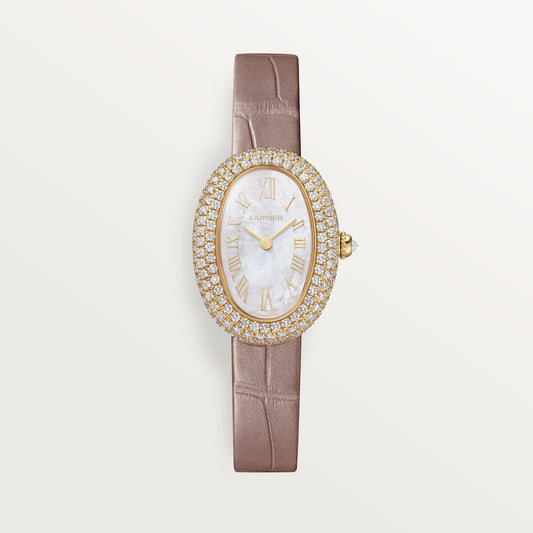 Cartier Baignoire WJBA0048 - Small model 18K yellow gold, Mother-of-pearl Dial, Semi-matte beige alligator leather strap