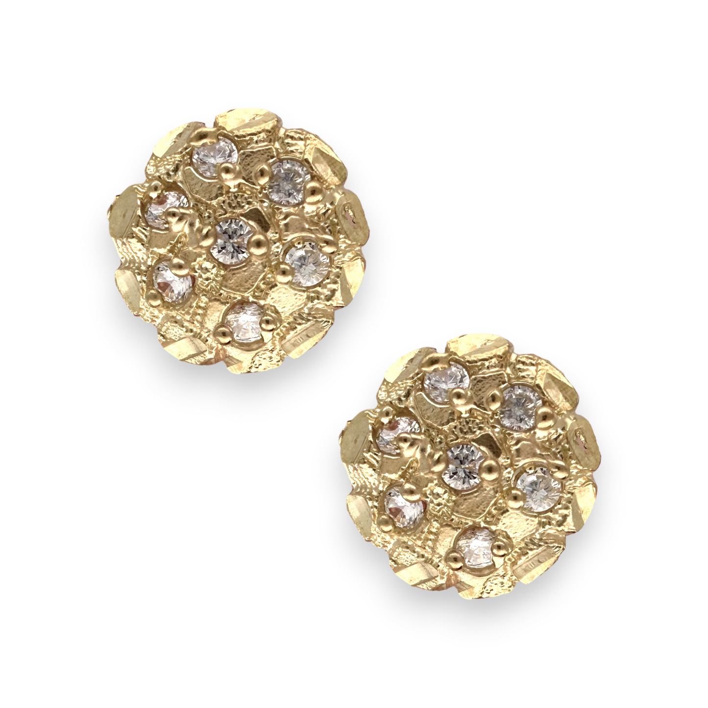 Round Nugget CZ Stud Earrings Solid - 10K Yellow Gold