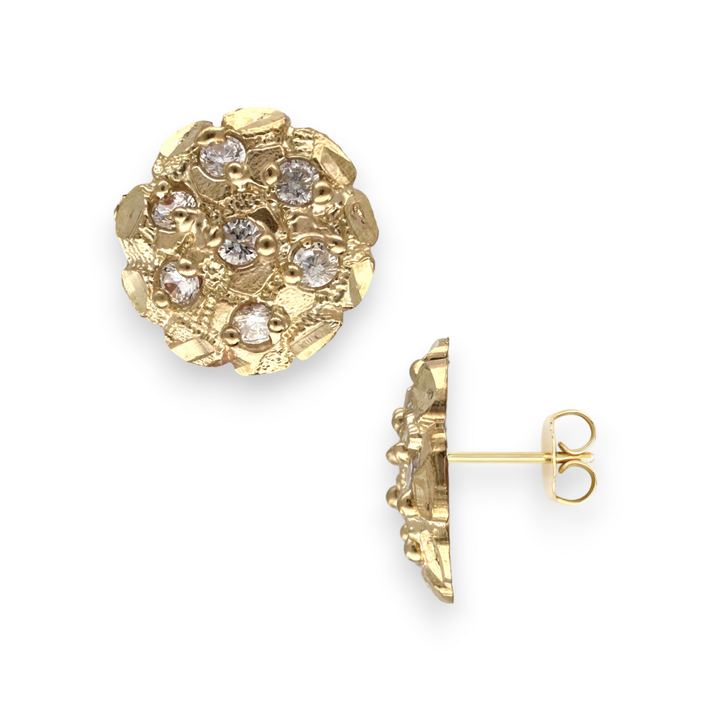 Round Nugget CZ Stud Earrings Solid - 10K Yellow Gold