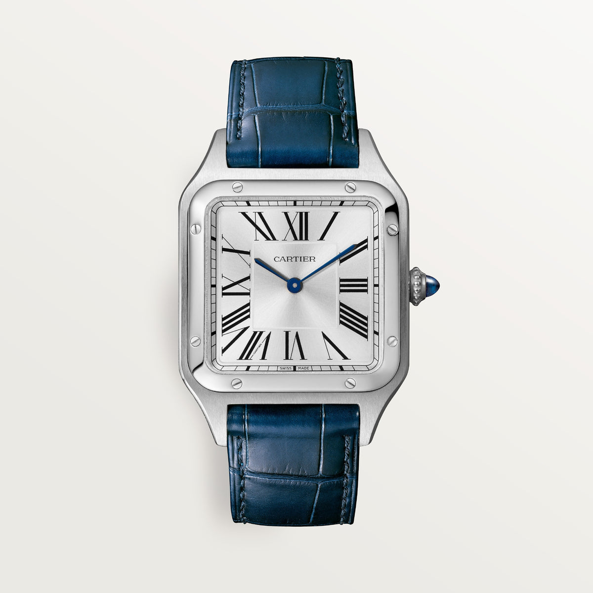 Cartier Santos-Dumont WSSA0085 - Large model Steel, Satin-brushed silver sunray Dial, Navy blue alligator strap